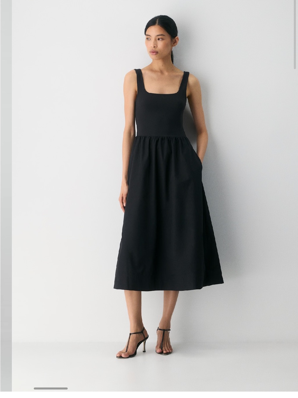 Black Square-Neck Midi Dress with Gathered Waist